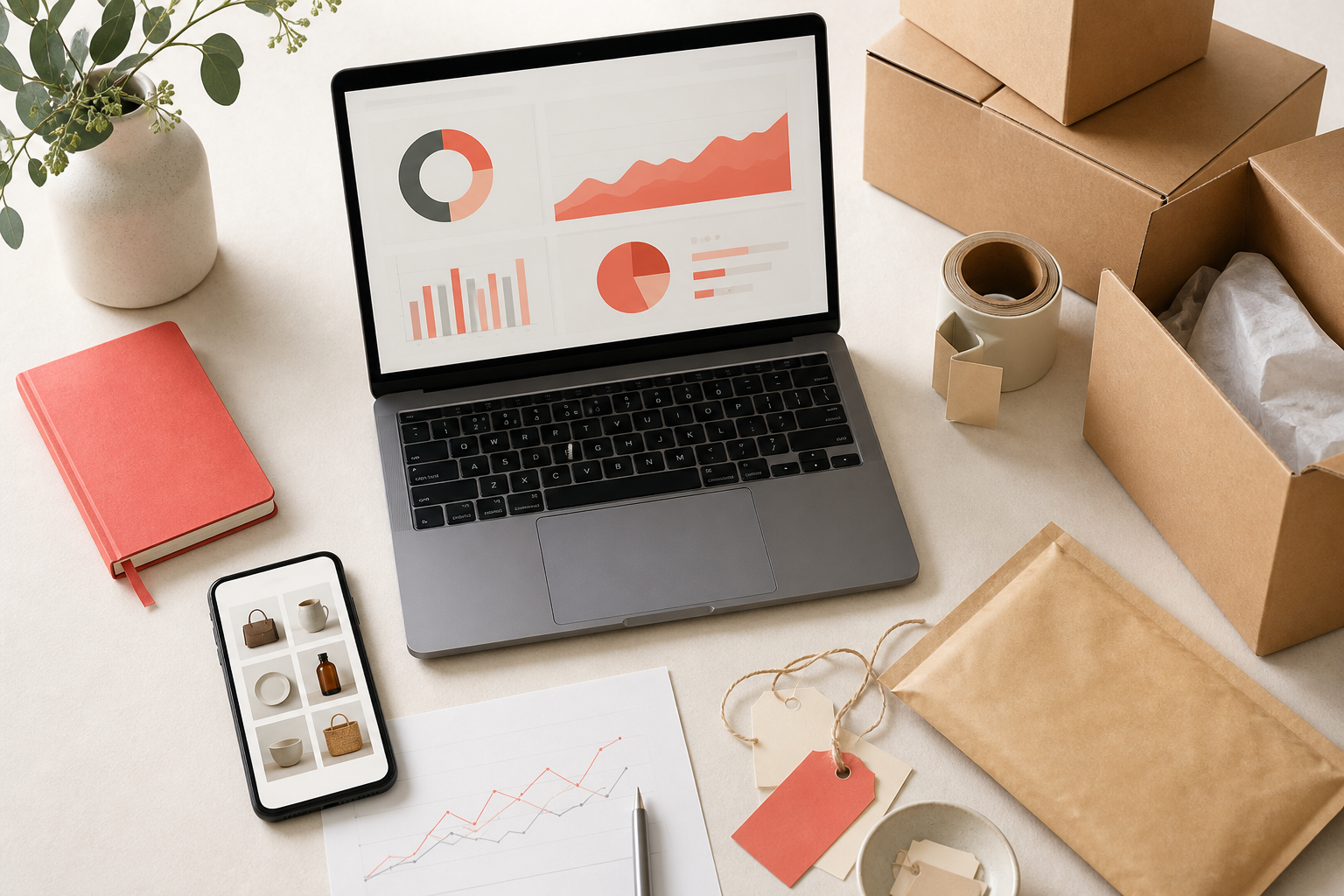 Ecommerce workspace connecting product, website analytics and order fulfilment